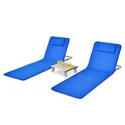 FANTASK Lot de 2 Matelas de Plage avec Table d'appoint, Oreiller, Compartiment de Rangement, Matelas de Couchage avec Dossier réglable, Chaise Longue pour la Plage (Bleu)