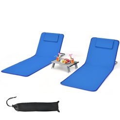 GIANTEX Lot de 2 Matelas de Plage Pliables avec Table d’Appoint, Chaises Longue Plage Réglables en 5 Positions avec Appui-Tête Amovible, Poche pour Jardin, Plage, Camping (Bleu)