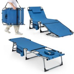 COSTWAY Bain de Soleil Pliable Inclinable à 5 Positions, Charge 180kg, Transat de Plage Pliable, Trou pour Visage, Appui-tête Amovible, Porte-gobelet et Poche, Chaise Longue pour Jardin Plage(Bleu)