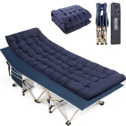 OVERMONT Lit de Camping Pliable avec Matelas - Lit de Tente avec Sac de Transport, Lit de Voyage Portable en Toile Oxford à Double Couche, Léger, pour Maison Sieste au Bureau Jardin Plage Bleu