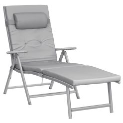 SONGMICS Chaise Longue, Bain de Soleil avec Matelas d Une épaisseur de 6 cm, Appui-tête Amovible, en Alu Anti-Rouille, Respirant, Inclinable, Charge Max 150 kg, Gris GCB24GY