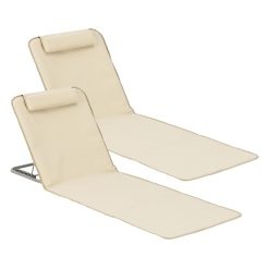 [en.casa] Lot de 2 Matelas de Plage Bain de Soleil avec Dossier Inclinable Structure Solide Ensemble Tapis Rembourrés avec Repose-Tête Sac de Transport Acier Polyester Beige