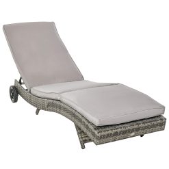 Outsunny Bain de Soleil transat Grand Confort - Dossier inclinable 5 Positions roulettes - Matelas déhoussable Inclus - résine tressée Grise