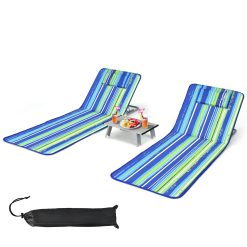 KOMFOTTEU Lot de 2 Matela de Plage Pliable avec Table Basse, Tapis de Plage, Dossier réglable en 5 Positions, Lits de Plage avec Appuie-tête, Portable avec Bandoulière, 151 x 55,5 cm (Rayé)