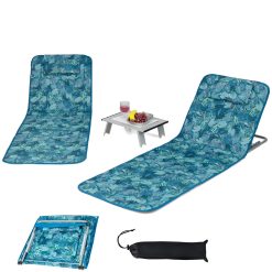 KOMFOTTEU Lot de 2 Matela de Plage Pliable avec Table Basse, Tapis de Plage, Dossier réglable en 5 Positions, Lits de Plage avec Appuie-tête, Portable avec Bandoulière, 151 x 55,5 cm (Style Estival)