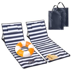 Ollewiellan Lot de 2 chaises longues de plage pliables légères avec dossier avec coussin et compartiment de rangement, tapis de soleil pliable pour la plage avec sac de transport, chaise de plage